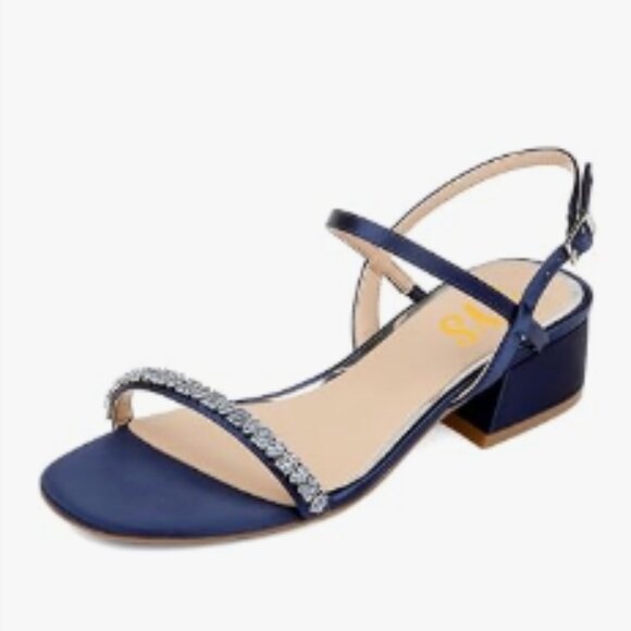 FYS Navy Rhinestone Studded Round Toe Sandals Ankle Strap Block Low Heels Shoes - Picture 1 of 8